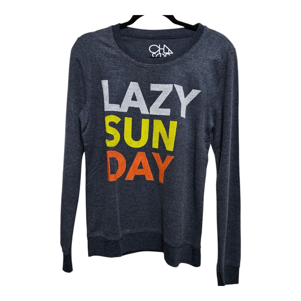 Chaser Sweatshirt Lazy Sunday Womens Size Small Gray Blue Long Sleeve Pullover